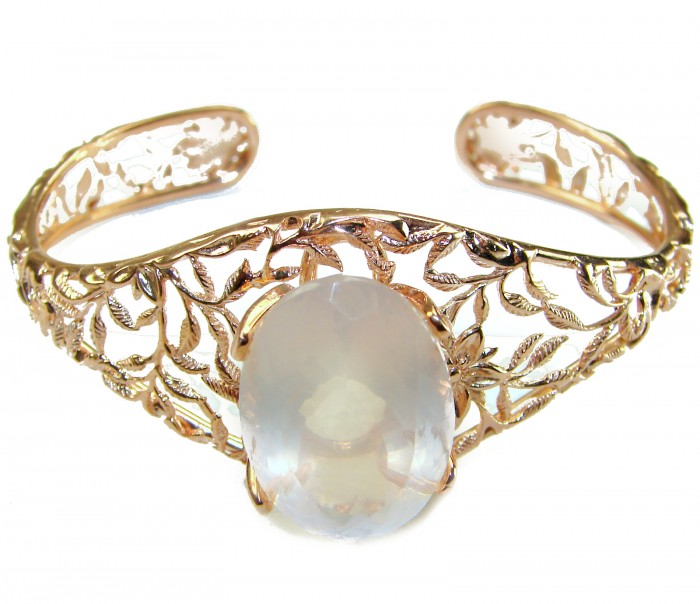 Vintage Beauty Genuine 30.2carat Brazilian Rose Quartz Rose quartz 18K Rose Gold over .925 Sterling Silver handcrafted Bracelet / Cuff - Rose quartz bracelet, front view, intricate leaf design.