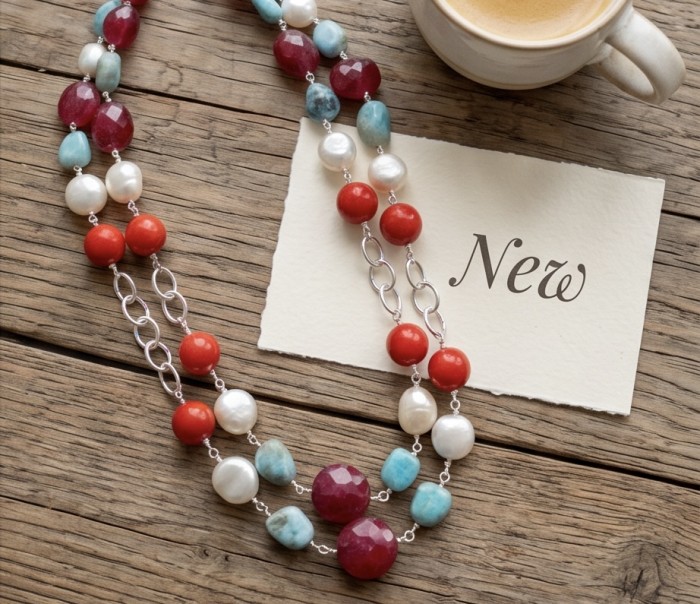 Sublime 32 inches long Red Fossilized Coral handmade Necklace - Top view of Sublime 32-inch Red Fossilized Coral necklace on wood.