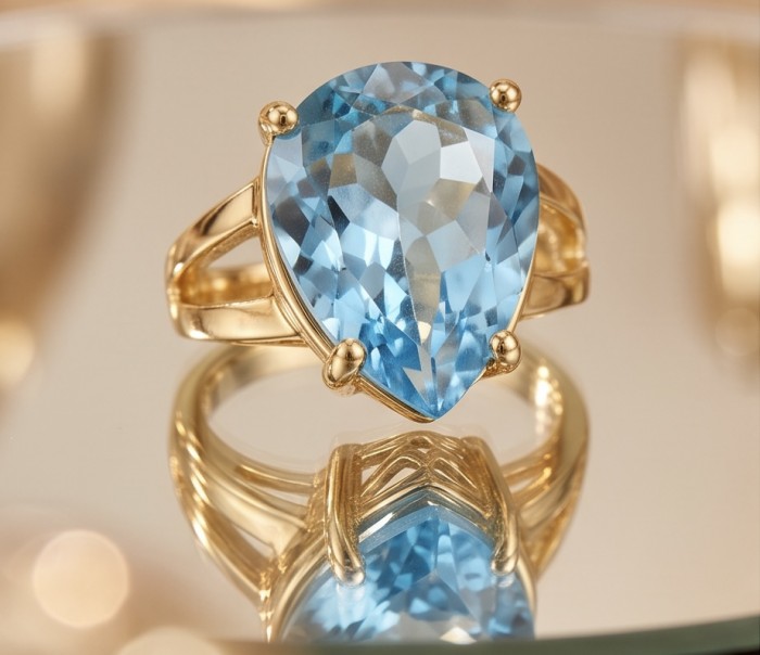 Conqueror Natural 15.8 carat Swiss Blue Topaz .925 Sterling Silver dipped in 22K Gold handmade Statement Ring size 7 - Blue topaz ring front view with gold setting reflection on surface
