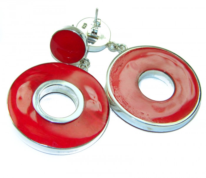 Large Genuine Red Fossilized Coral .925 Sterling Silver handmade earrings - photo 2