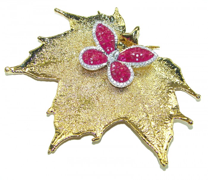 Rain Drop REAL Leaf dipped in Sterling Silver and 14K Ruby & .925 Sterling Silver Pendant - Gold leaf with ruby butterfly brooch, top view.
