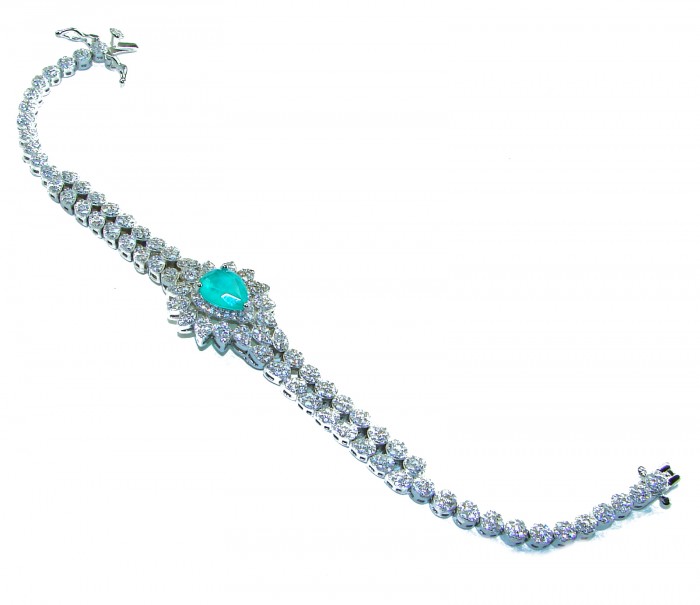 Born to Glam authentic 7.9 carat Colombian Emerald .925 Sterling Silver handcrafted Statement Bracelet - Top view of Colombian Emerald bracelet with diamond accents
