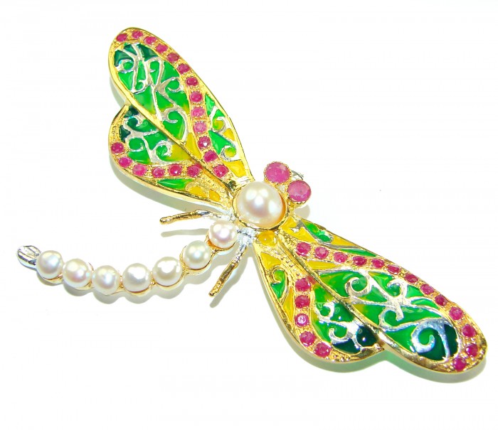 Big Dragonfly Pearl Enamel 18K Gold over .925 Sterling Silver handcrafted Pendant Brooch - Dragonfly brooch, top view, pearl body, colorful enamel, gold detailing.