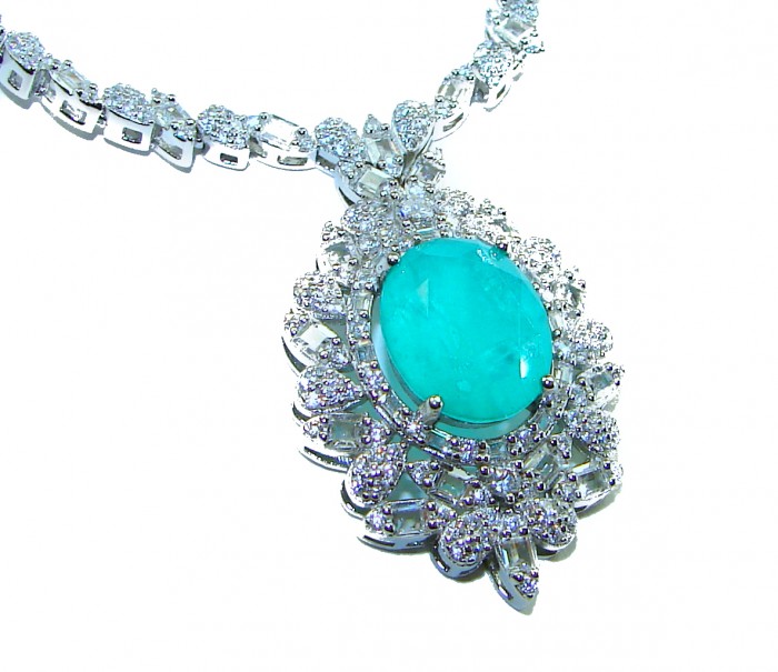 Giovanna 10.2 carat authentic Emerald rhodium over .925 Sterling Silver handcrafted Statement necklace - Emerald necklace close-up with ornate diamond accents and chain detail.