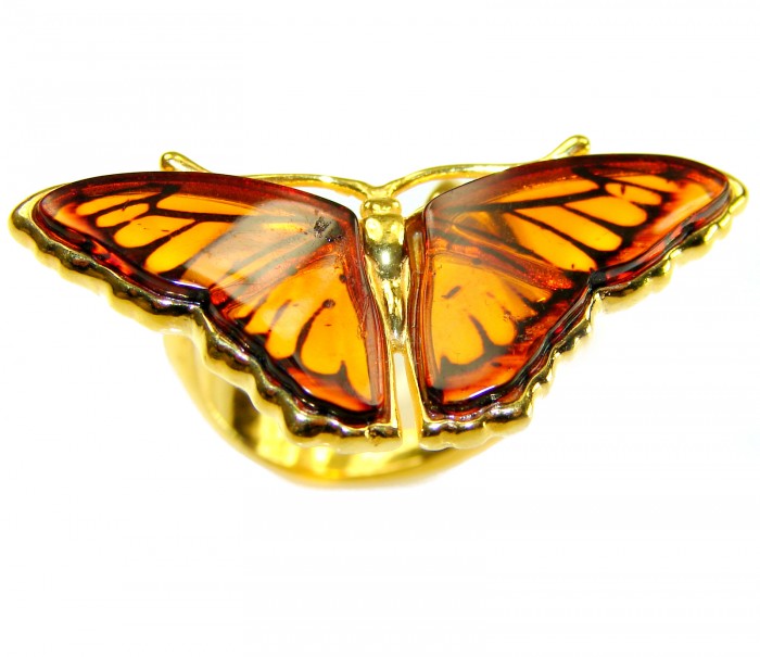 Butterfly Authentic carved Baltic Amber 18K Gold over .925 Sterling Silver handcrafted ring; s. 8 adjustable - Top view of butterfly Baltic amber ring in 18K gold.