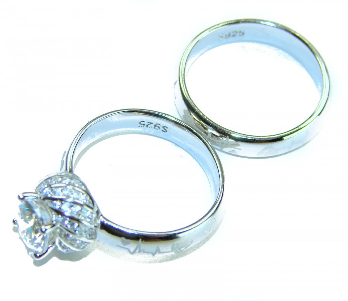 Spectacular 5.9 carat White Topaz Emerald .925 Sterling Silver stack up ring size 7 1/2 - Side view of two sterling silver rings with white topaz stones.