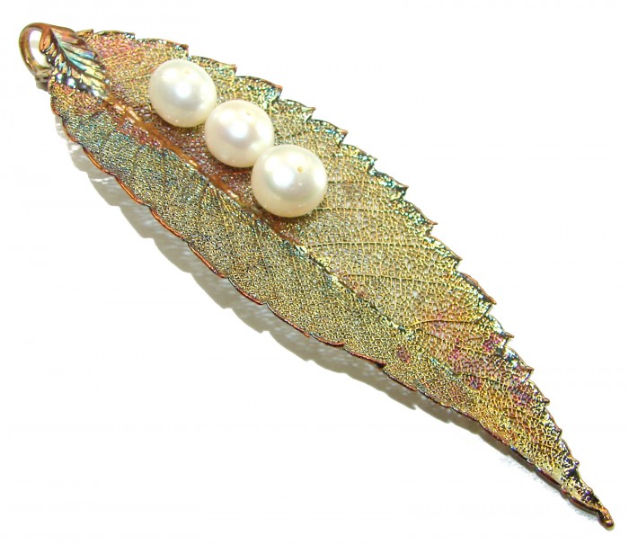 Long! REAL Leaf dipped in Sterling Silver and Gold with Pearls and 14K Gold & .925 Sterling Silver Pendant - photo 1