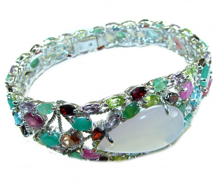 Marie Antoinette's STYLE authentic 52.5 carat Brazilian Rose Quartz .925 Sterling Silver handcrafted Statement Bracelet - Side view of multicolored gemstone bracelet with large central stone