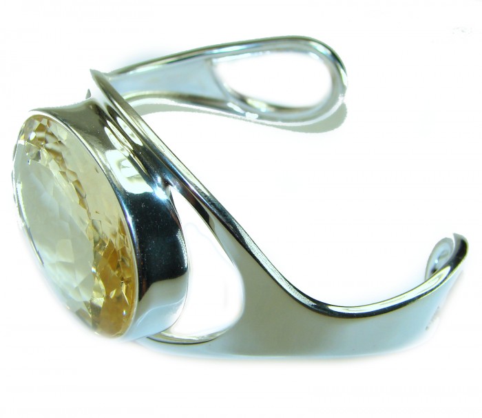 Simplicity 85.5 carat Genuine Lemon Quartz handcrafted .925 Sterling Silver Bracelet / Cuff - Side view of Simplicity bracelet with 85.5 ct lemon quartz stone