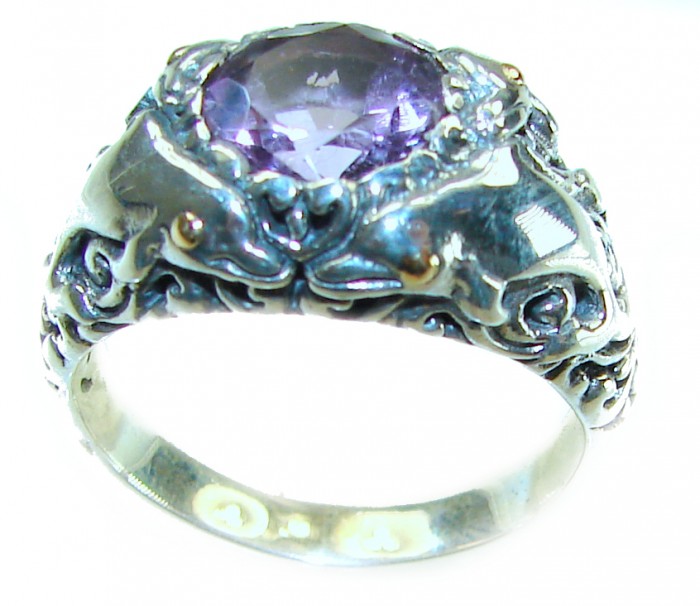 Bali Purple Dream authentic 4.2 carat Amethyst .925 Sterling Silver Handcrafted Large Ring size 8 - Side view of Bali Purple Dream 4.2 carat amethyst ring in silver.