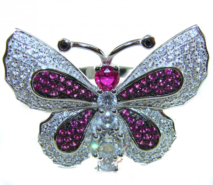 Precious Butterfly Genuine 10.5 carat Ruby .925 Sterling Silver handmade LARGE Statement Ring size 7 1/2 - Butterfly-shaped ring with ruby stones and diamonds, front view.
