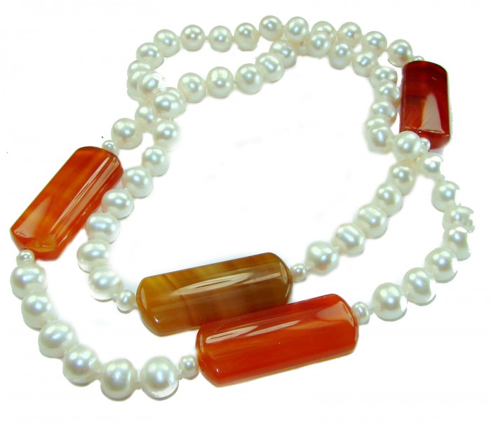 Incredible 30 inches long Freshwater Pearl Carnelian .925 Sterling Silver handmade Necklace - Freshwater pearl and carnelian necklace, 30 inches, front view.