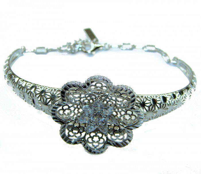 Casablanca - authentic 3.2 carat White topaz .925 Sterling Silver Bracelet - Floral bracelet detail showcasing white topaz stones.