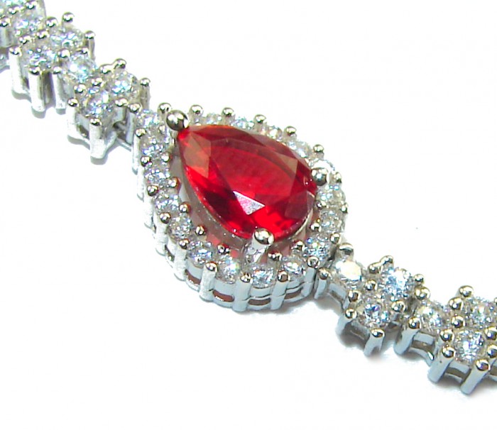Natural 6.7 carat Ruby .925 Sterling Silver handmade Statement Bracelet - Close-up of 6.7 carat ruby in sterling silver bracelet setting.