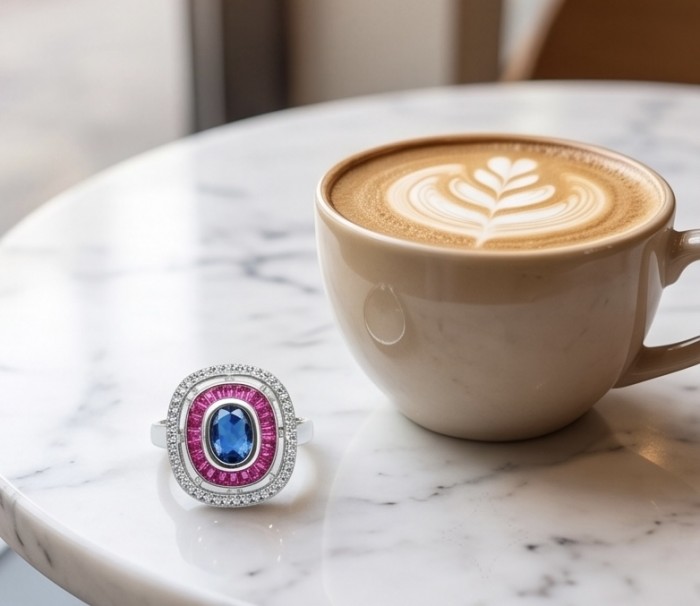 Art Deco 3.8 ctw Sapphire .925 Sterling Silver handcrafted Statement Ring size 7 1/2 - Art Deco sapphire ring on table beside a cup of latte art.