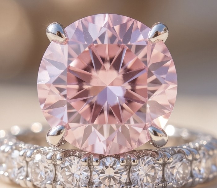 Isabella - Light Pastel 12.7 carat real Kunzite .925 Silver handcrafted Cocktail Ring s. 8 1/4 - Close-up of Isabella ring with pink Kunzite and silver band detailing.