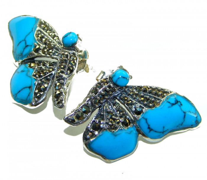 Blue Butterfly Precious natural Turquoise .925 Sterling Silver handcrafted Earrings - photo 3
