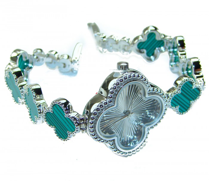 Precious Authentic inlay Australian Malachite .925 Sterling Silver handmade Bracelet Watch - Side view of precious .925 sterling watch with inlay Australian malachite.