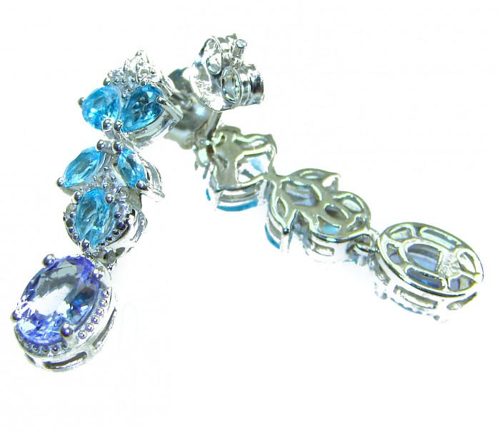 9.5 carat Swiss Alexandrite Blue Topaz .925 Sterling Silver Handcrafted Earrings - Close-up of Swiss Alexandrite Blue Topaz earrings in sterling silver.