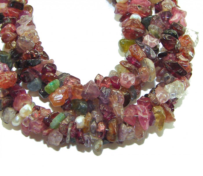 Infinity authentic 109.5 carat Brazilian Tourmaline .925 Sterling Silver handcrafted necklace - Close-up of Brazilian tourmaline bead necklace in various colors