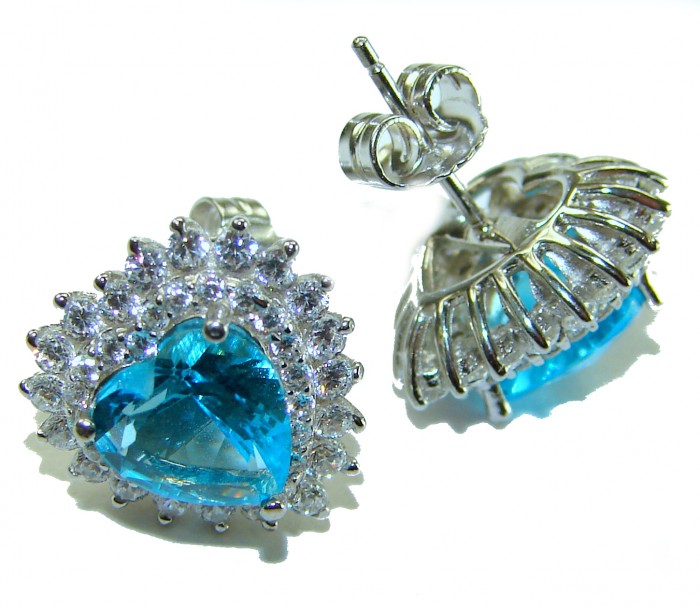 Angel's Heart 4.7 carat Swiss Blue Topaz .925 Sterling Silver Handcrafted earrings - Heart-shaped blue topaz earrings, front and side view.