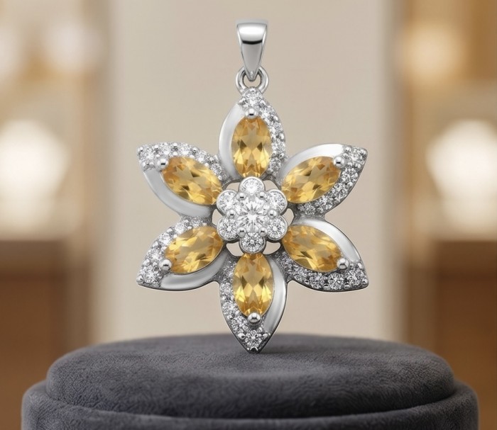 Golden Star 8.5 carat Brazilian Citrine .925 Sterling Silver dipped in Rhodium handmade Pendant - Floral citrine pendant on display stand, front view.