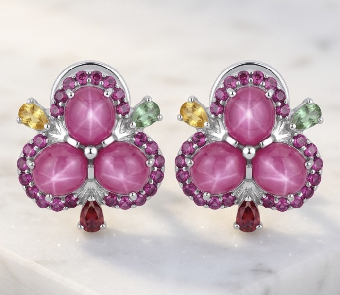 Exotic Flowers - 10.8 carat Mozambique Ruby .925 Sterling Silver dipped in rhodium handmade Statement Earrings - Exotic Flowers earrings front view, 10.8 ct Mozambique Ruby, Sterling Silver.