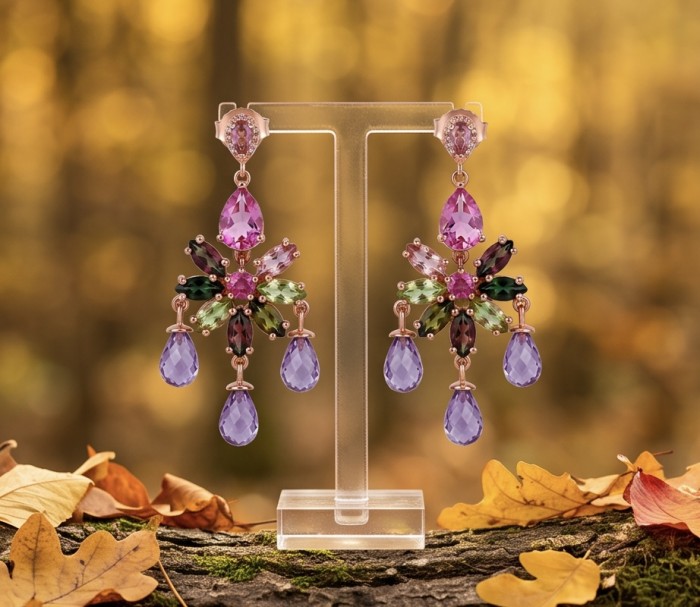 Authentic Brazilian Watermelon Tourmaline Tanzanite 18K Rose Gold over .925 Sterling Silver handcrafted earrings - Front view of Brazilian watermelon tourmaline and tanzanite earrings.