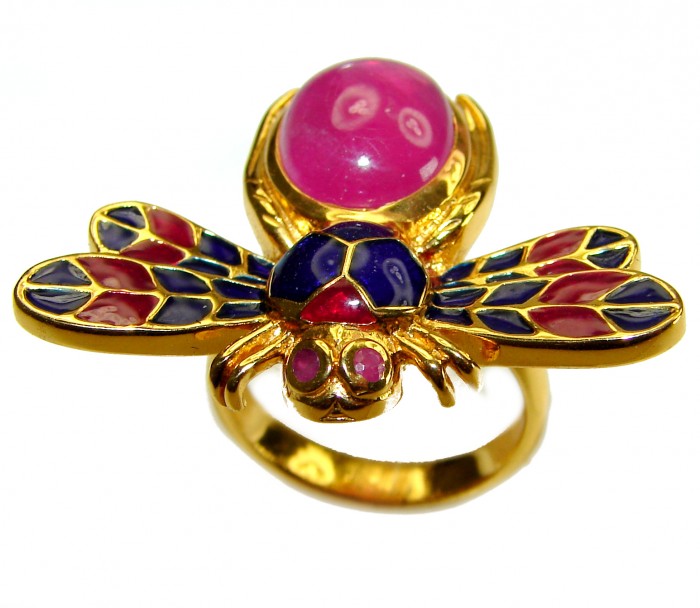 Lucky Bee Enamel 6.2 CARAT Ruby 18K Gold over .925 Sterling Silver Huge handcrafted Ring s. 6 3/4 - photo 4