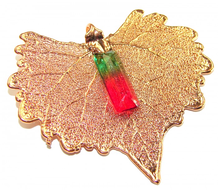 Stylish REAL Leaf Coved with Sterling Silver and 14K Gold 14.5 carat Tourmaline & .925 Sterling Silver Pendant - photo 2