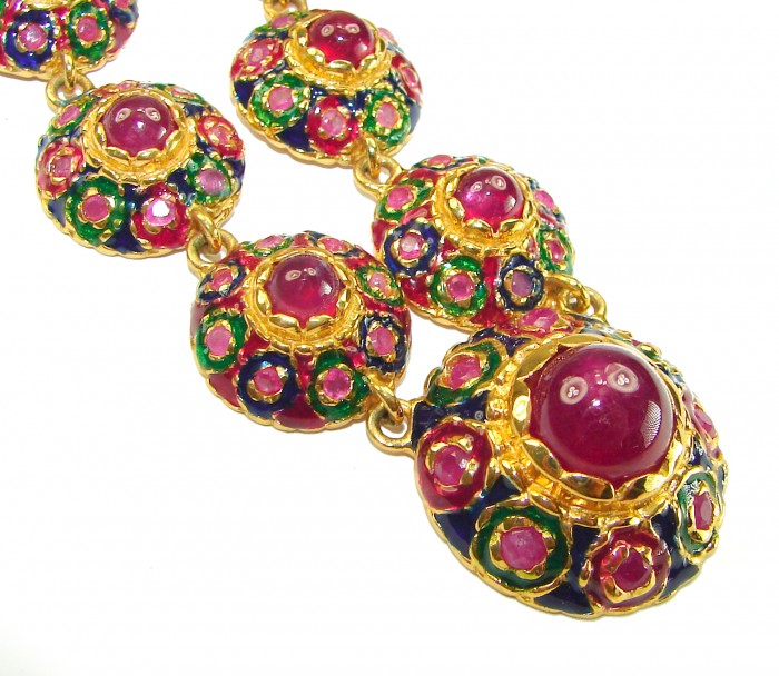 Enlightenment 38.2 carat Mozambique Ruby .925 Sterling Silver .925 Sterling Silver dipped ibn 18K REAL GOLD Statement Necklace - Close-up of ruby and multicolored gemstone necklace detail.