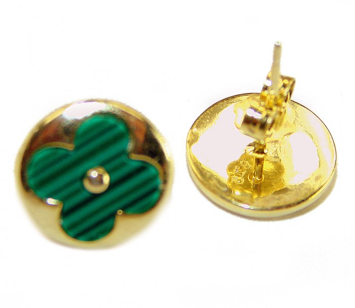 Outstanding inlay authentic Malachite Lucky Four Leaf Clover .925 Sterling Silver Earrings - Close-up of Malachite Clover earrings showing front and back details
