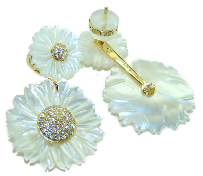 BLOOMING FLOWERS Genuine Blister Pearl 0.2 CARAT lab grown Diamond 18K Gold over .925 Sterling Silver handcrafted Statement Earrings - Blooming flowers jewelry, front and back angle details shown.