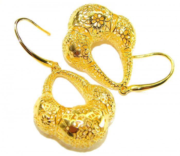 Black Label Collection - Dubai Style - Natural 22K Gold over .925 Sterling Silver handmade earrings - Dubai style earrings, floral design, top view, 22K gold over.