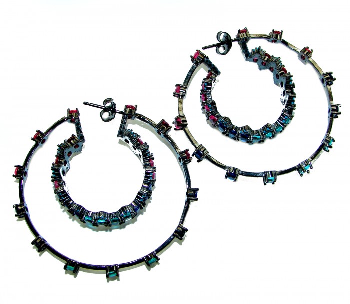 Extravaganza authentic 18.5 carat Pink Tourmaline black rhodium over .925 Sterling Silver Handcrafted Large Hoop Earrings - Hoop earrings with pink tourmaline, top view, black rhodium setting.