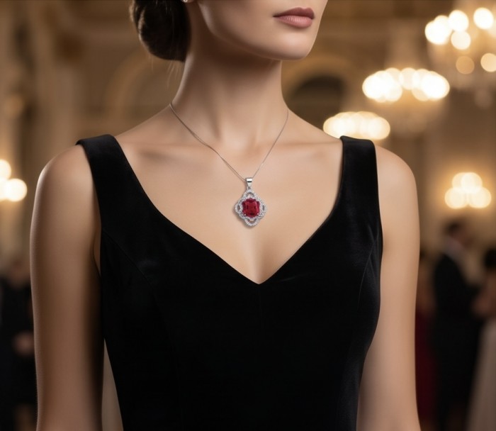 Authentic 6.5 CARAT Ruby .925 Sterling Silver Pendant - Ruby pendant worn on neck, black dress background, front view.