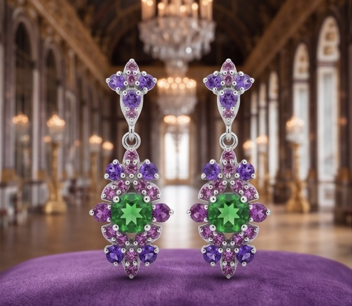 Royalty oval cut 3.2 carat Tsavorite Garnet .925 Sterling Silver entirely handmade earrings - Close-up of ornate Tsavorite Garnet earrings on purple cushion.