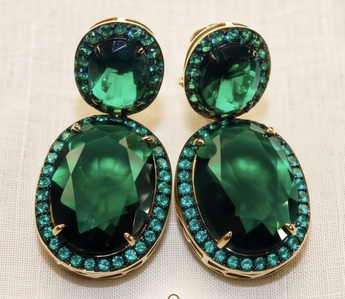 Green Cascade - 12.5 carat Green Topaz 14K Gold over .925 Sterling Silver handmade Statement earrings - Green Cascade earrings, front view, green topaz, 14K gold over .925 silver