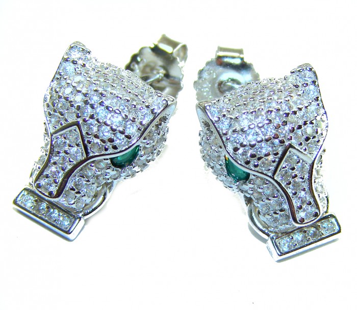 Precious Panthers 0.4 carat Emerald White Sapphire .925 Sterling Silver earrings - Close-up of Precious Panthers earrings, emerald eyes, white sapphires.