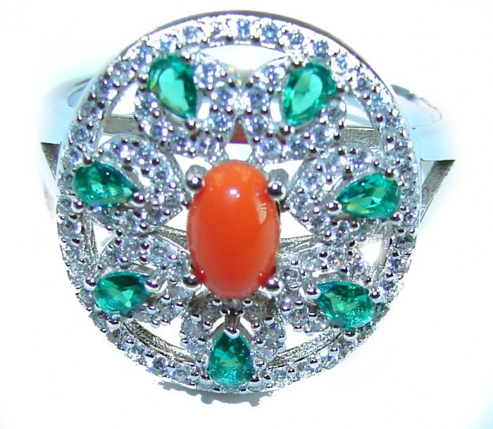 Serenity - 10.5 carat genuine Coral Emerald .925 Sterling Silver handmade ring s. 7 1/2 - Close-up of Serenity ring with coral and emerald stones in sterling silver.