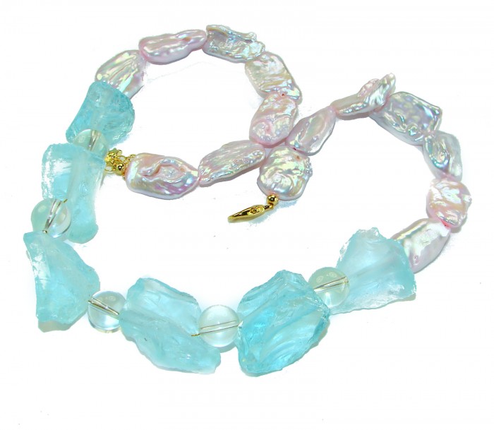 Sky and Ocean authentic rough Aquamarine Mother of Pearl 10k Gold over .925 Sterling Silver handcrafted STATEMENT Necklace - Sky and Ocean necklace detail showing aquamarine and pearl beads.