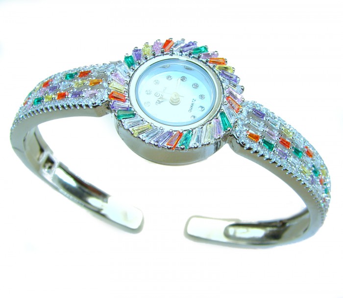 Precious Authentic 33.2 carat multicolor Sapphire .925 Sterling Silver handmade Bracelet Watch - Colorful sapphire watch bracelet, top view close-up.