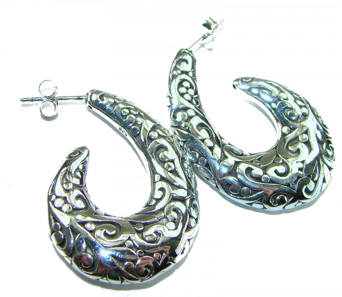 1 5/8 inches long - Free Spirit bohemian Style .925 Sterling Silver handmade Bali made Oversized Earrings - Ornate sterling silver earrings, side view, detailed scroll design.