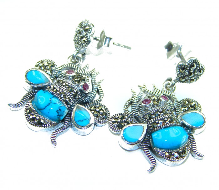 Blue Bees inlay Turquoise Ruby Marcasite .925 Sterling Silver Handcrafted earrings - Earrings with turquoise and ruby stones, detailed bee design, angled view