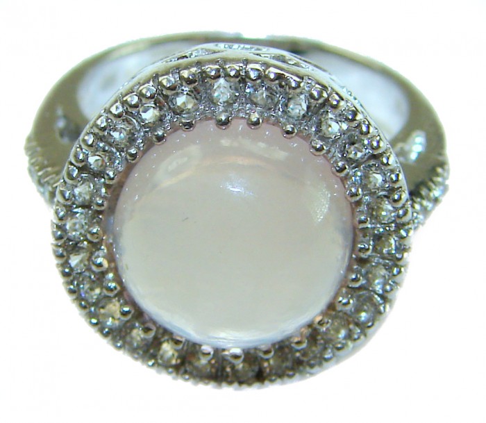 Vintage Design - Brazilian Rose Quartz 8.5 carat .925 Sterling Silver handcrafted Ring size 6 1/4 - Close-up of a rose quartz ring with diamond accents, vintage design