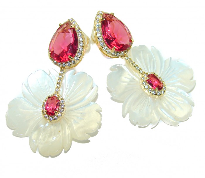Summer Flowers Blister Pearl Red Topaz 14K Gold over .925 Sterling Silver handcrafted Earrings - Front view of Summer Flowers earrings with pearls and red topaz stones.