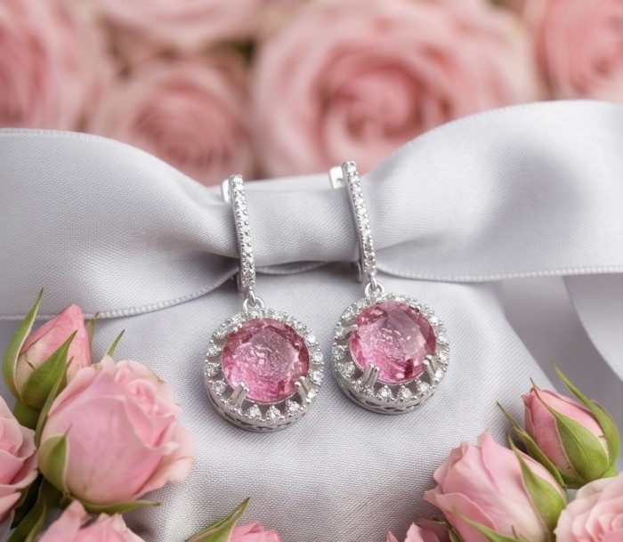 Emily 6.5 carat Brazilian Watermelon Tourmaline .925 Sterling Silver Handcrafted Earrings - Emily earrings front view with pink tourmaline and rose background