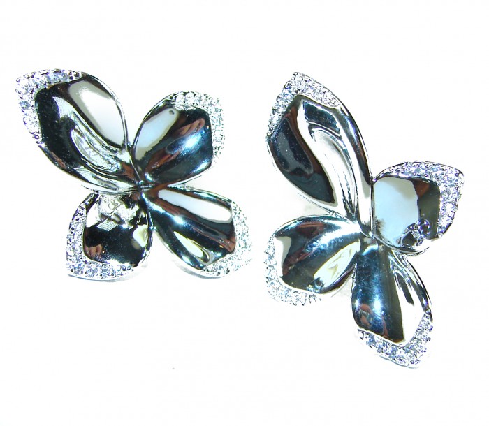 Lotus flower White Topaz highly polished Rhodium over .925 Sterling Silver Italy made Earrings - photo 3
