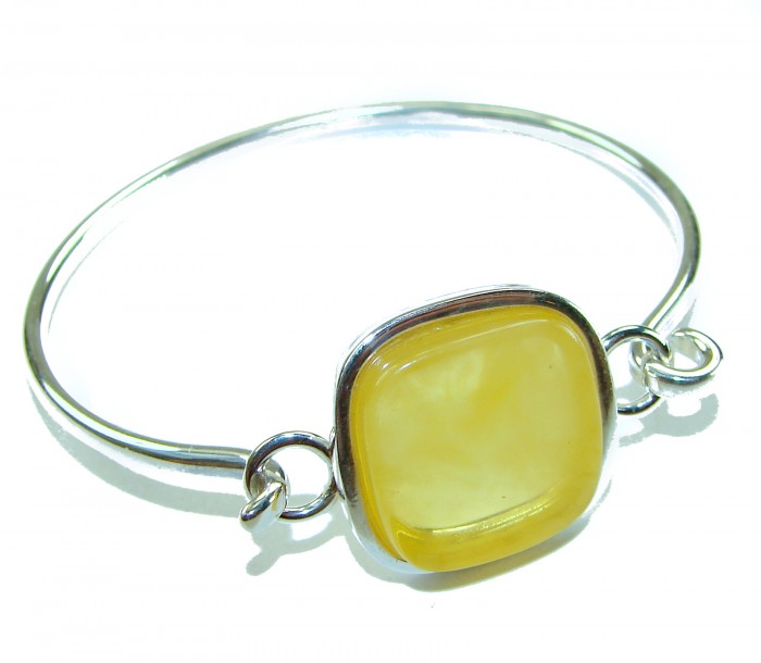 Genuine Butterscotch Polish Amber .925 Sterling Silver handmade Bracelet / Cuff - Front view of silver bracelet with butterscotch amber stone.