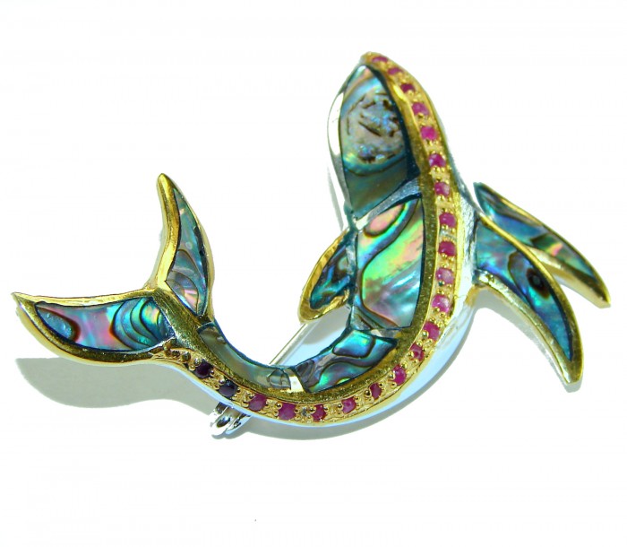 Dolphin Natural Rainbow Abalone Ruby .925 Sterling Silver handmade Pendant Brooch - Dolphin brooch inlaid with abalone and rubies, side view.